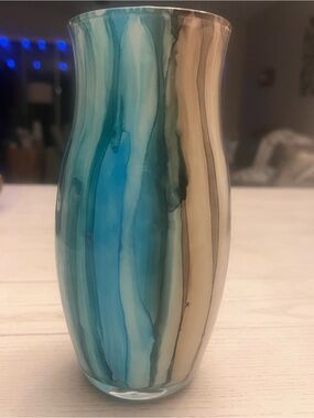 Handblown Blue and Beige Glass Vase 8”
